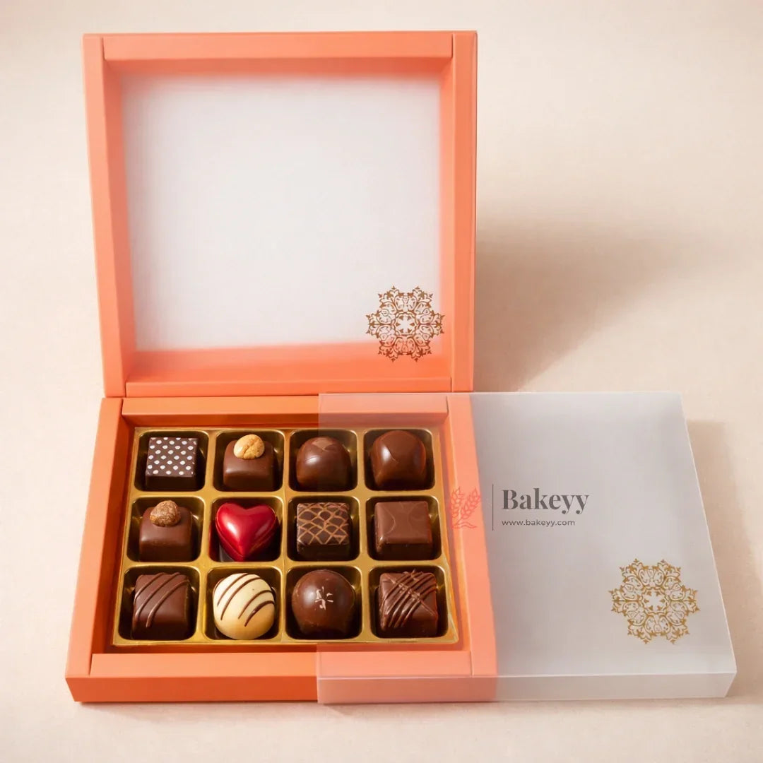 Orange Sliding Chocolate Box with Gold Cavity | Premium Gift Box for Chocolates | Pack of 10 - Bakeyy.com - India - Orange Sliding Chocolate Box with Gold Cavity | Premium Gift Box for Chocolates | Pack of 10 - 9 Cavity 450.00