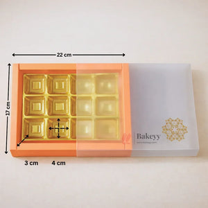 Orange Sliding Chocolate Box with Gold Cavity | Premium Gift Box for Chocolates | Pack of 10 - Bakeyy.com - India - Orange Sliding Chocolate Box with Gold Cavity | Premium Gift Box for Chocolates | Pack of 10 - 12 Cavity 500.00