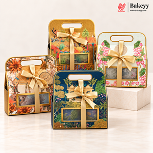 Indian Heritage Embossed Hamper Box with Window, Handle & Ribbon | 4 Designs | Pack of 5
