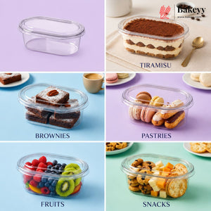 Collection of various food items in clear containers with labels on a colorful background.