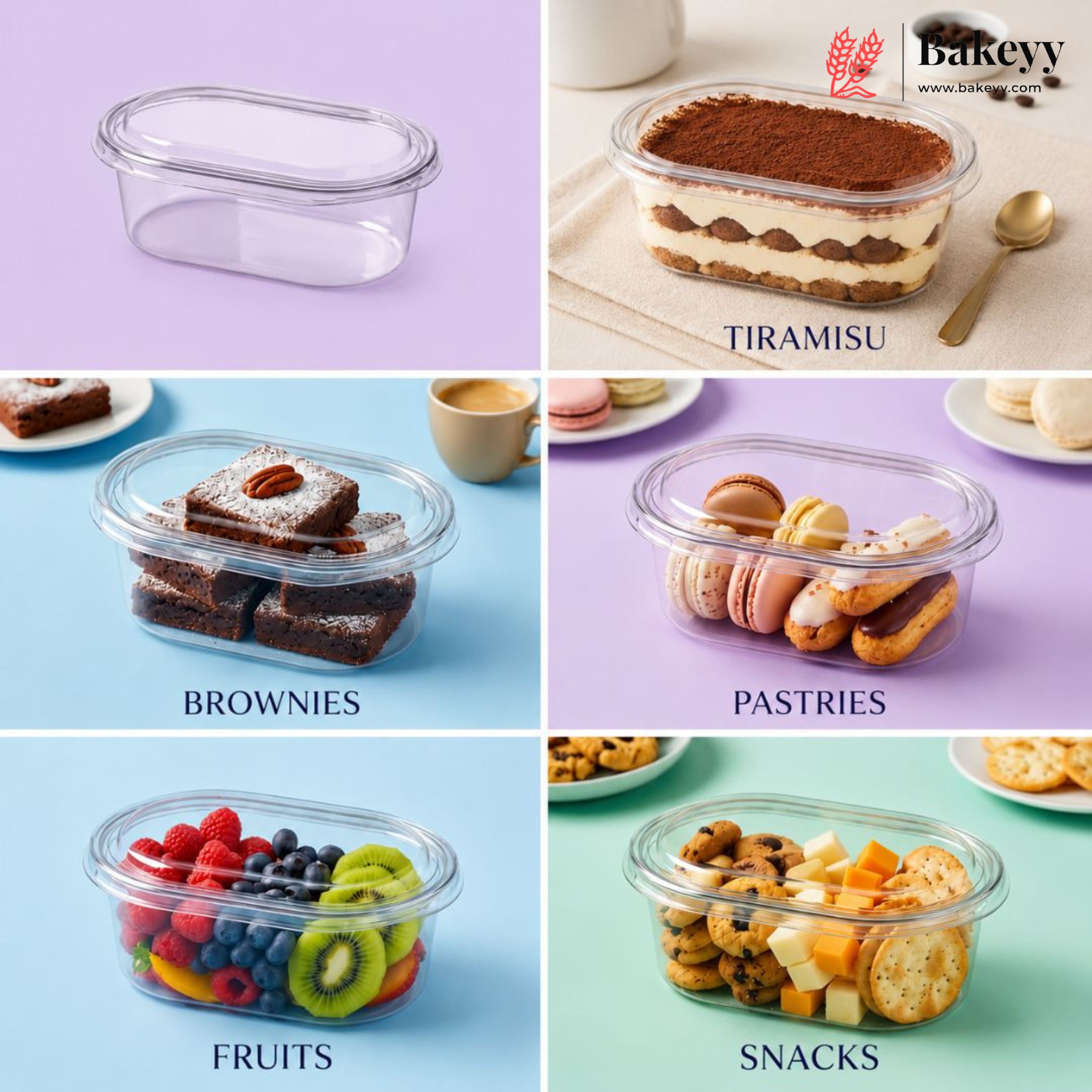 Collection of various food items in clear containers with labels on a colorful background.