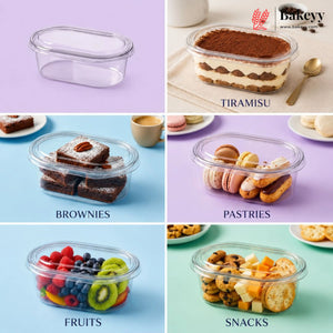 Collection of various food items in clear containers with labels on a colorful background.