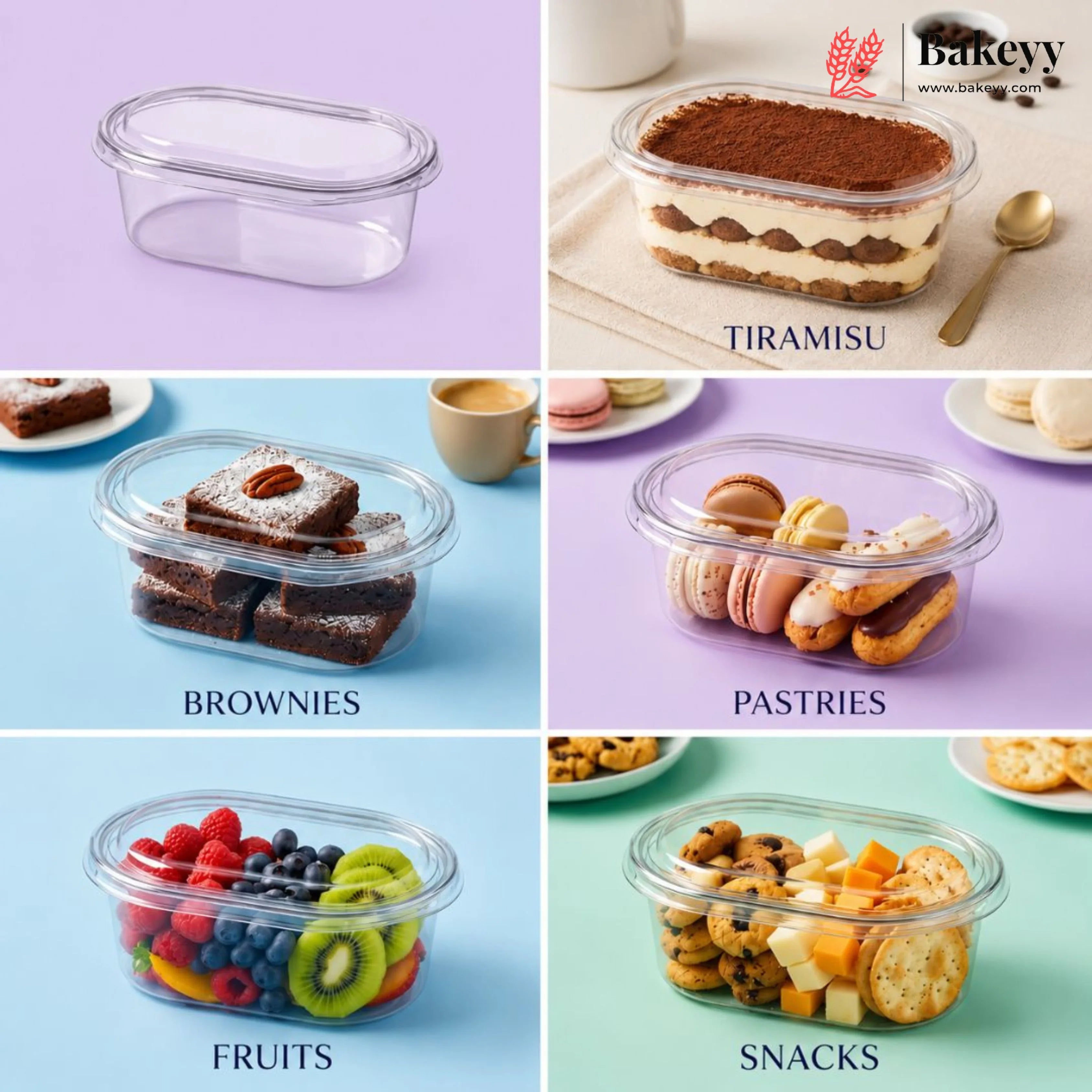 Collection of various food items in clear containers with labels on a colorful background.