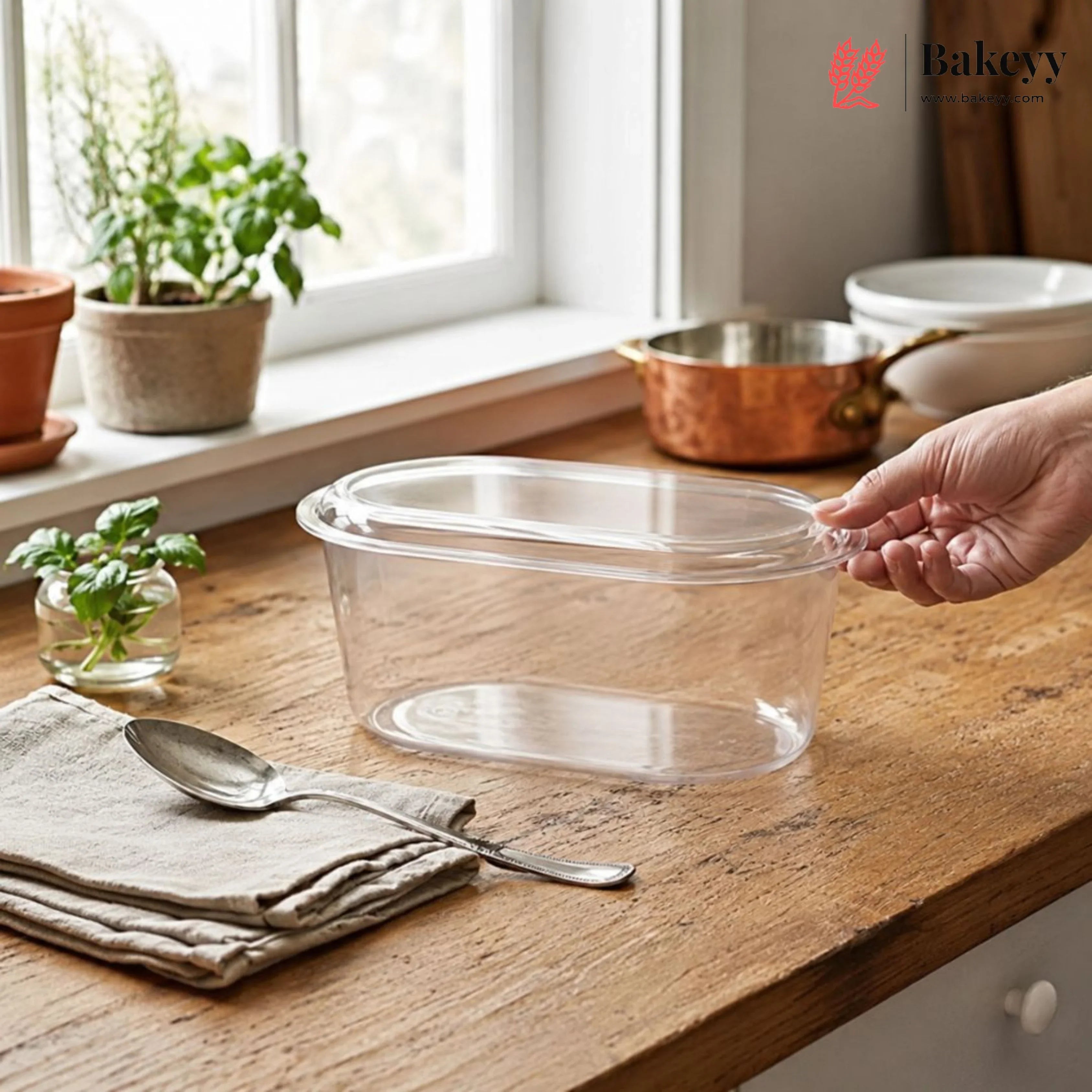 Clear plastic container on a wooden kitchen counter with a hand holding it, plants and pots in the background.
