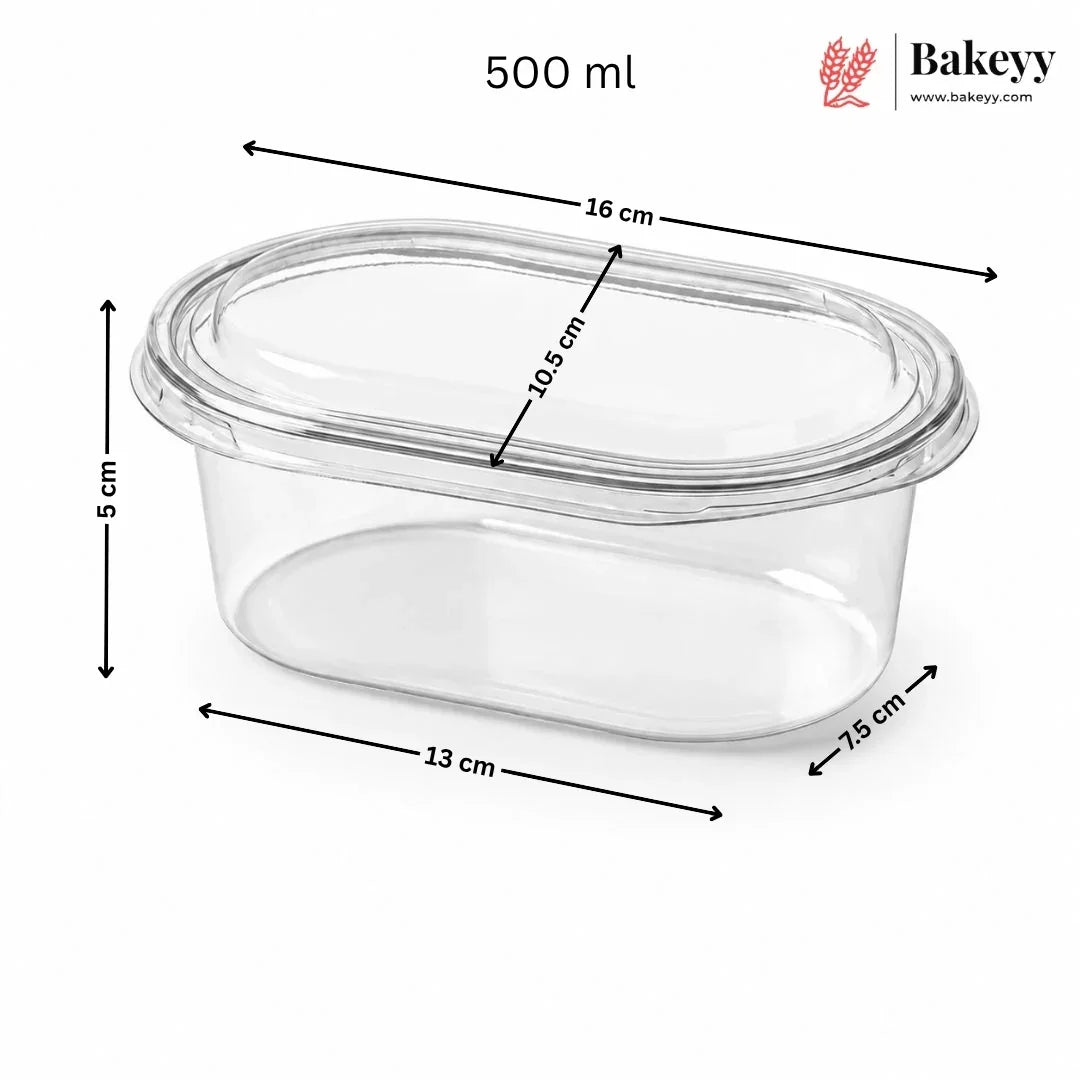 Clear plastic container with dimensions and Bakeyy branding
