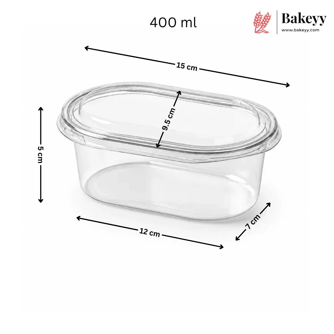 Clear plastic container with dimensions and Bakeyy branding