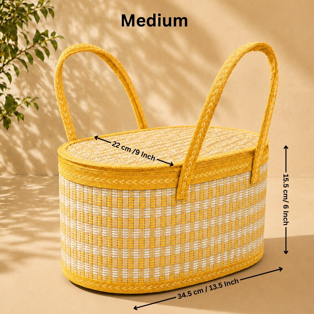 Oval Wooden Gift Basket | Yellow & Beige Color | Woven Basket with Rigid Handle | 3 Sizes Available | Pack of 1