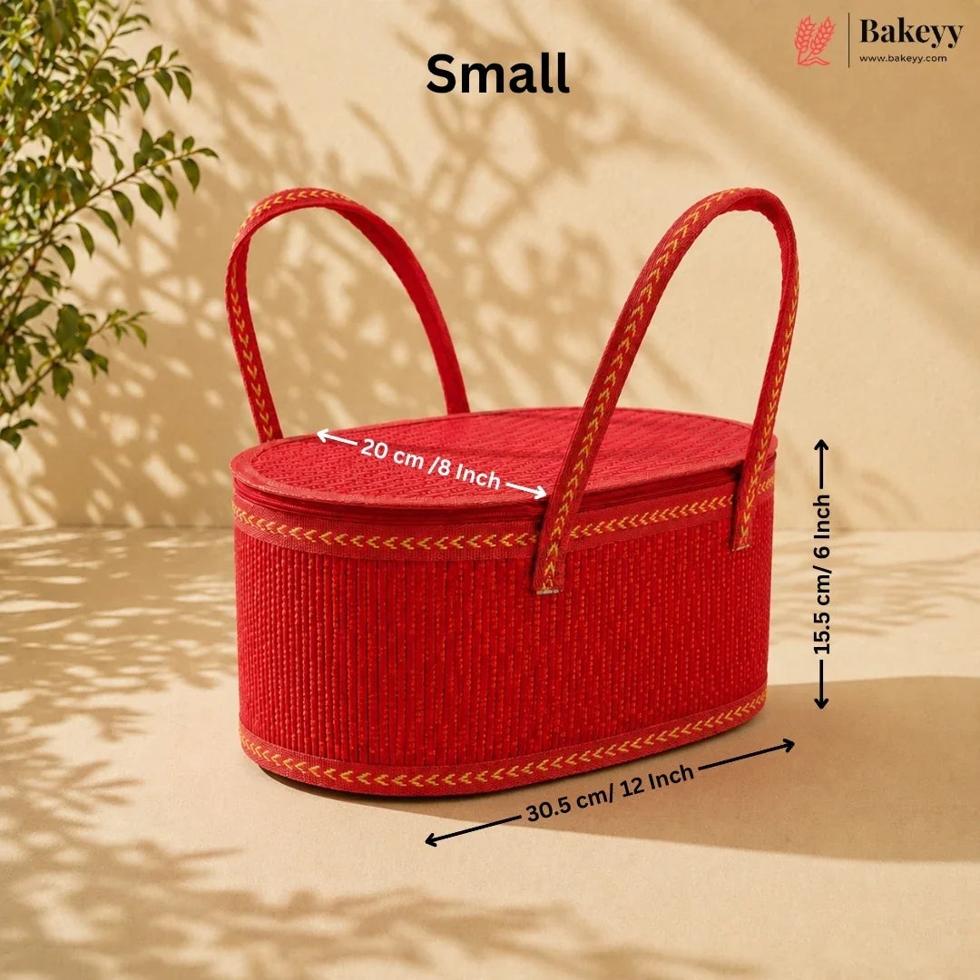 A small red woven basket with two loop handles, shown on a beige surface with shadow overlays. White text and arrows indicate dimensions: 20 cm / 8 inch across the top, 15.