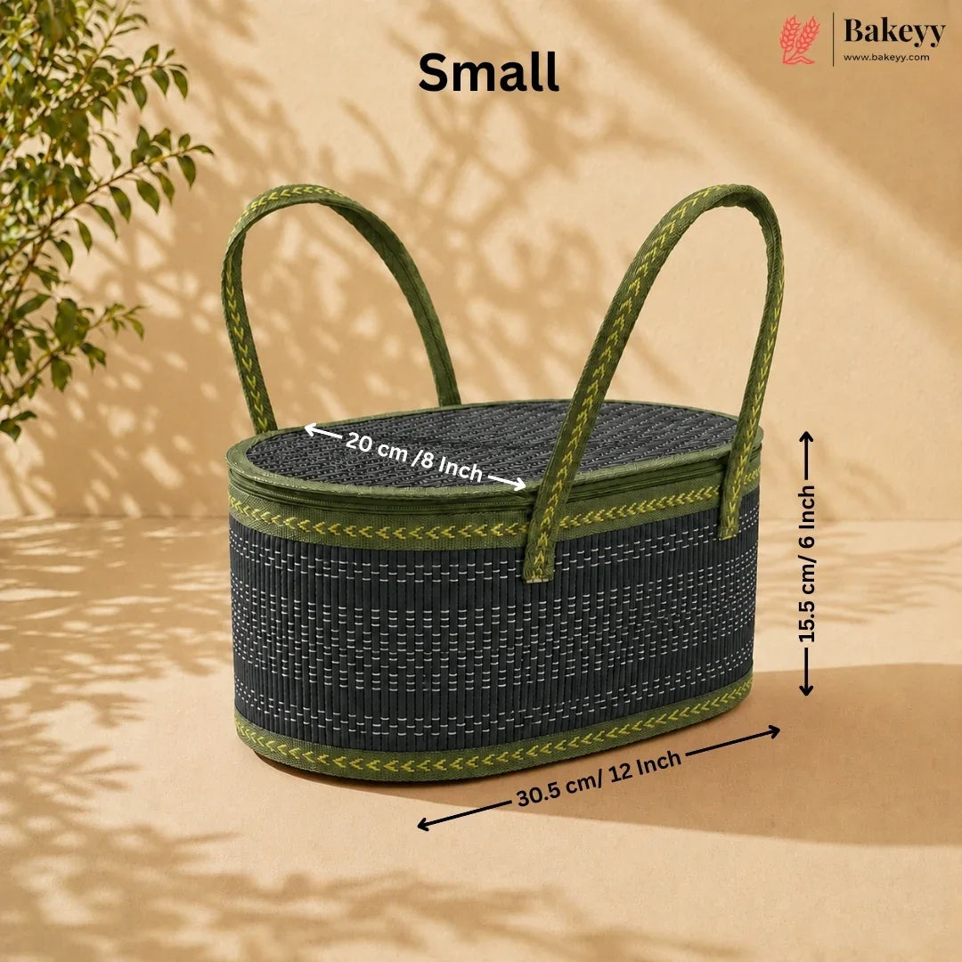 Small woven basket with two handles, shown with dimension arrows and labels reading 20 cm / 8 inch across the top, 15.5 cm / 6 inch height, and 30.