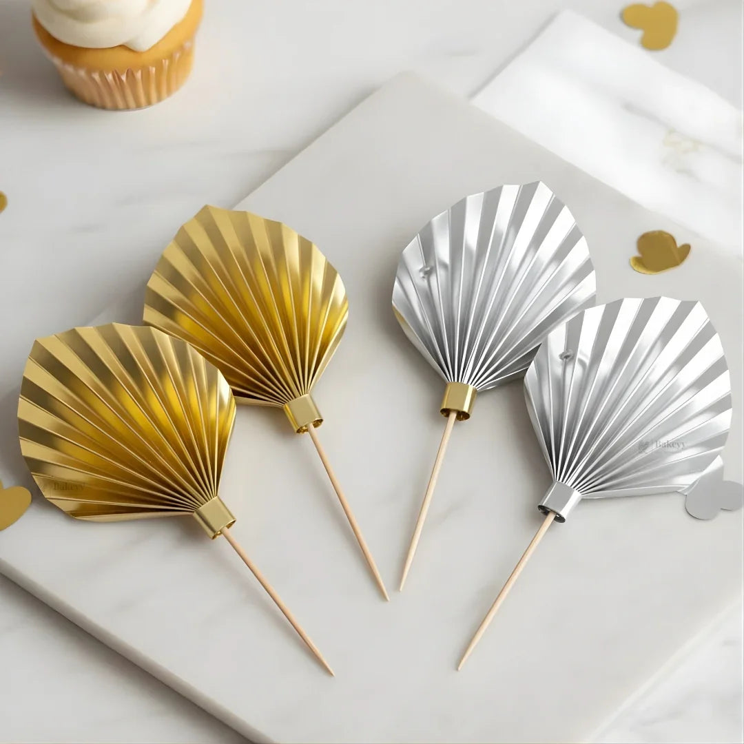 Palm Leaf Cake Topper | Gold & Silver Fan Leaf Decoration for Cakes & Dessert Tables | Pack of 1