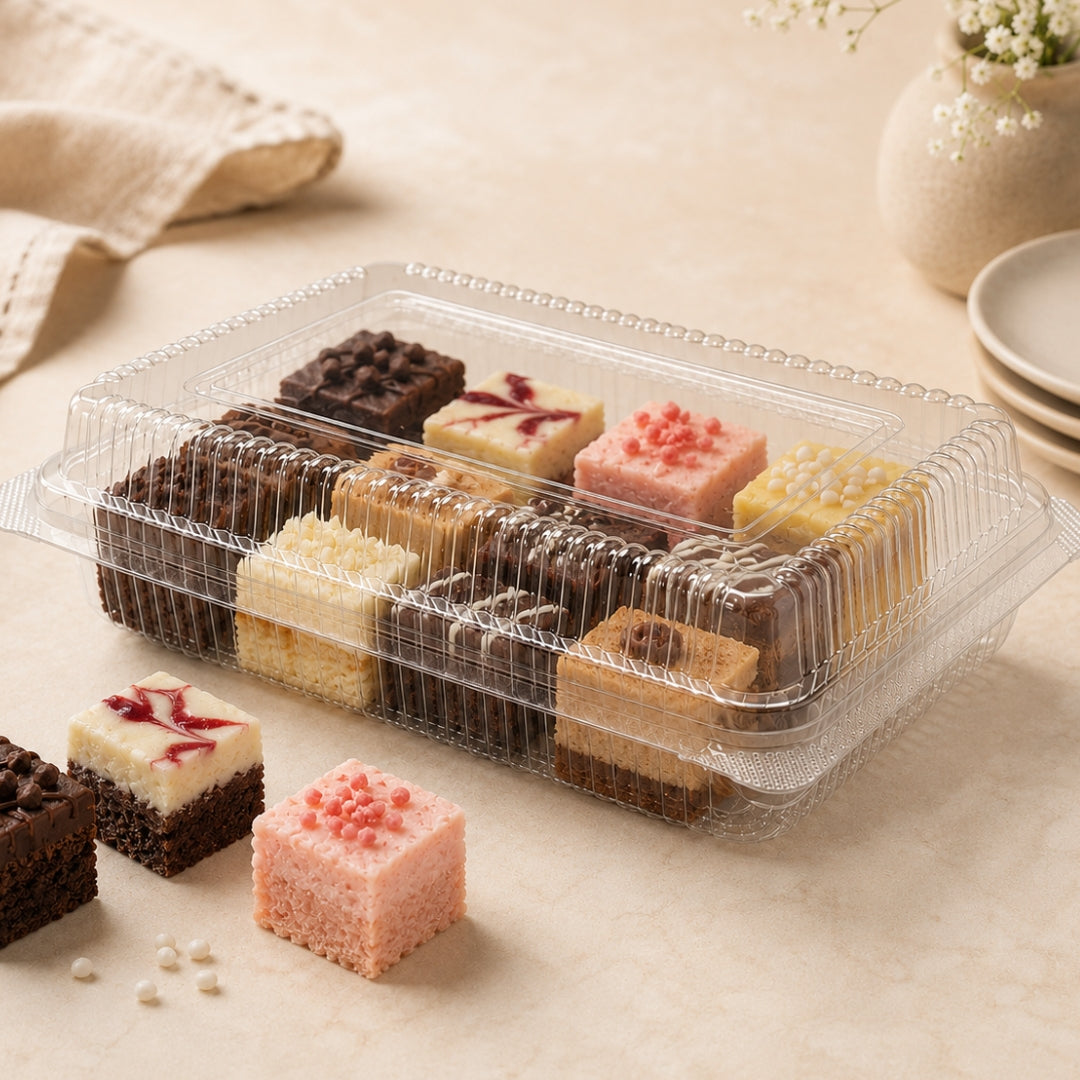 PET Plastic Clamshell Food Container | Transparent Hinged Storage Box | Pack of 25