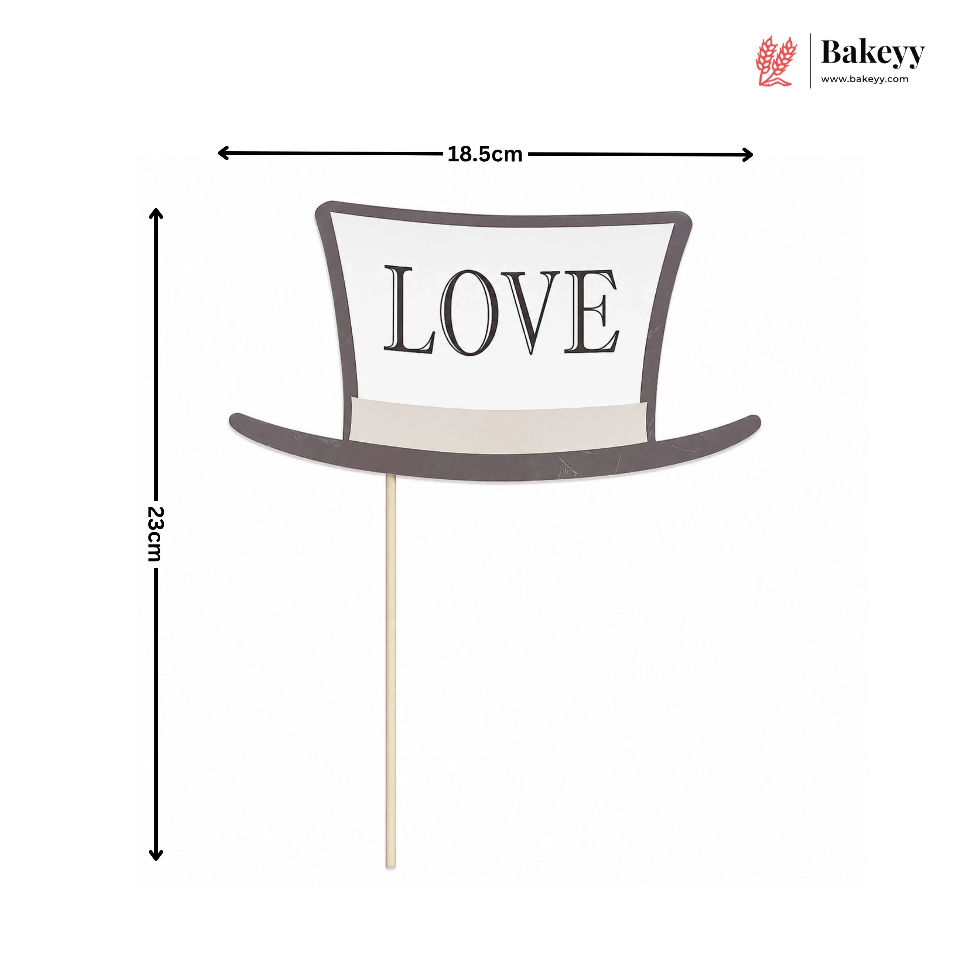 Top hat with 'LOVE' text and dimensions on a white background, featuring the Bakeyy brand.