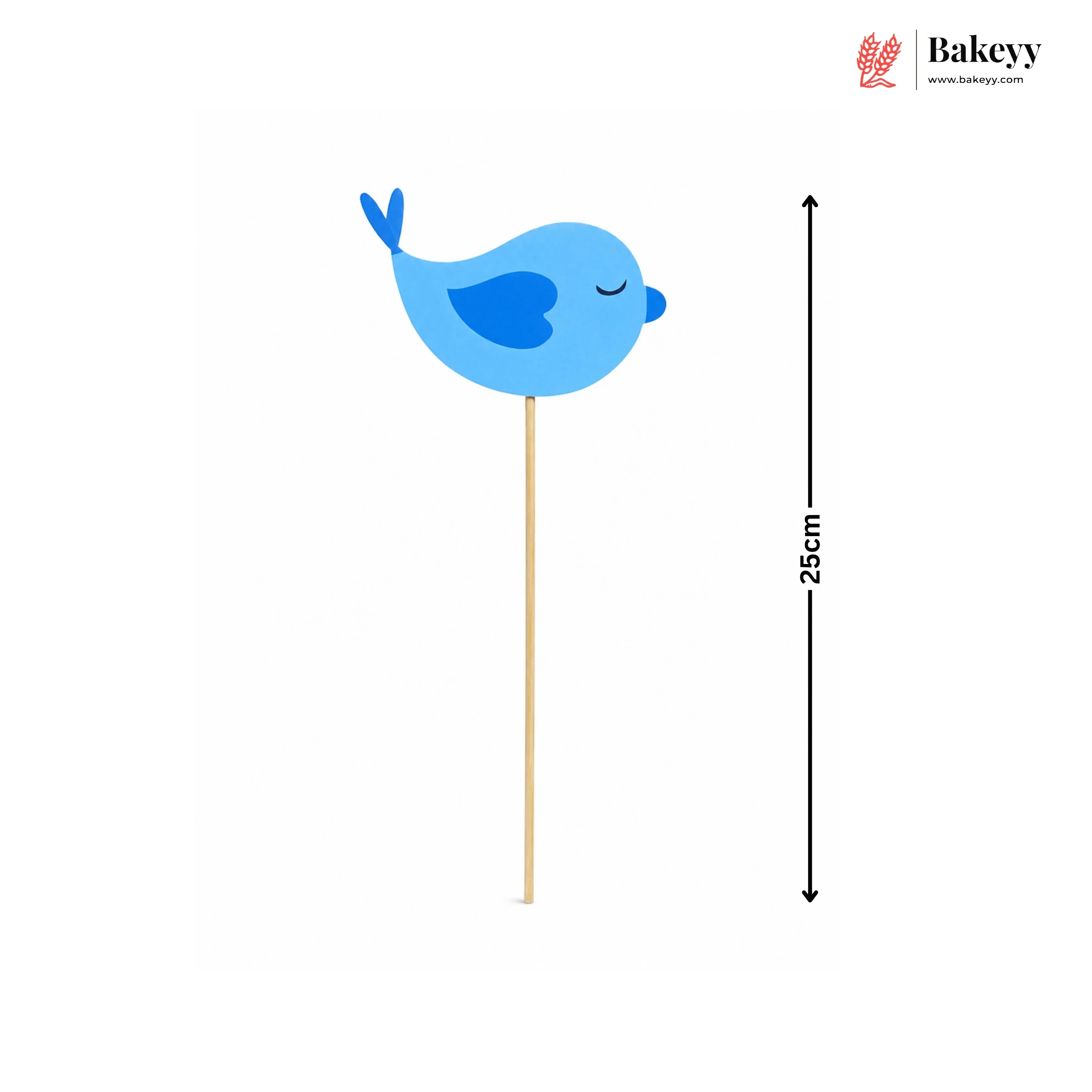 Blue bird-shaped cake topper on a stick with a measurement label, branded 'Bakeyy'.