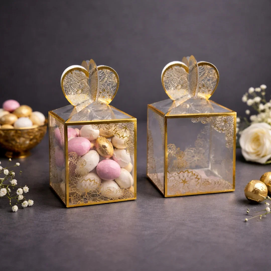 Luxury Gold Foil PVC Gift Box with Heart Top | Premium Return Gift Box | Pack of 10