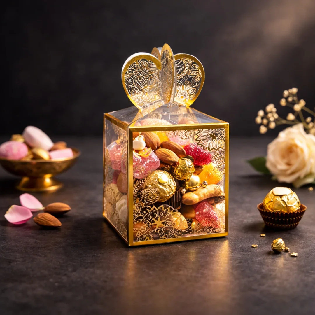 Luxury Gold Foil PVC Gift Box with Heart Top | Premium Return Gift Box | Pack of 10