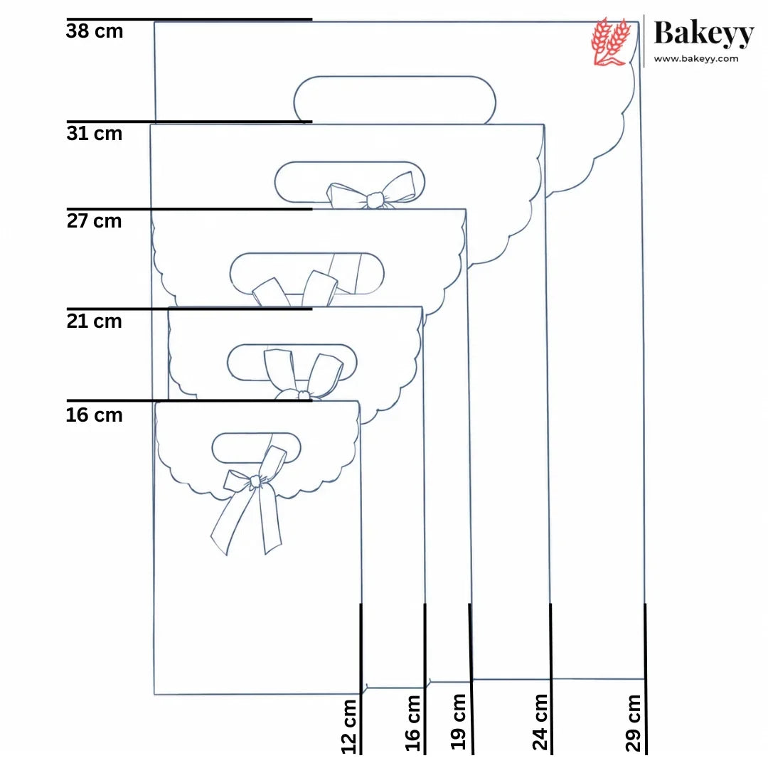 A size measurement chart for Bakeyy bakery gift bags, showing five different bag sizes with their corresponding dimensions in centimeters, including height, handle width, and base width.