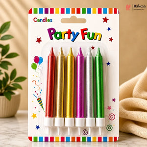 Packaged colorful birthday candles with 'Party Fun' text on a neutral background