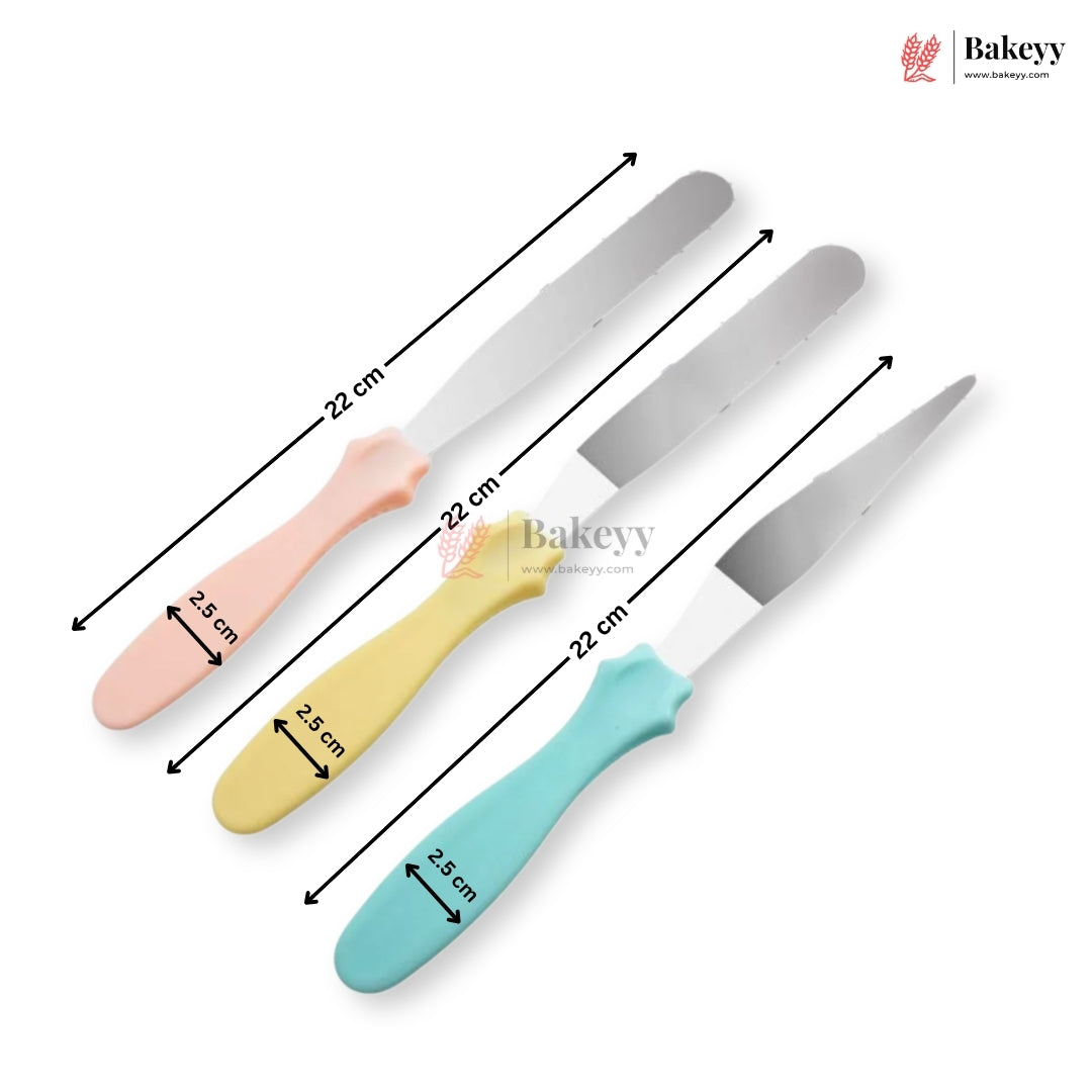 Three colorful knives with measurements on a white background, featuring the Bakey brand.