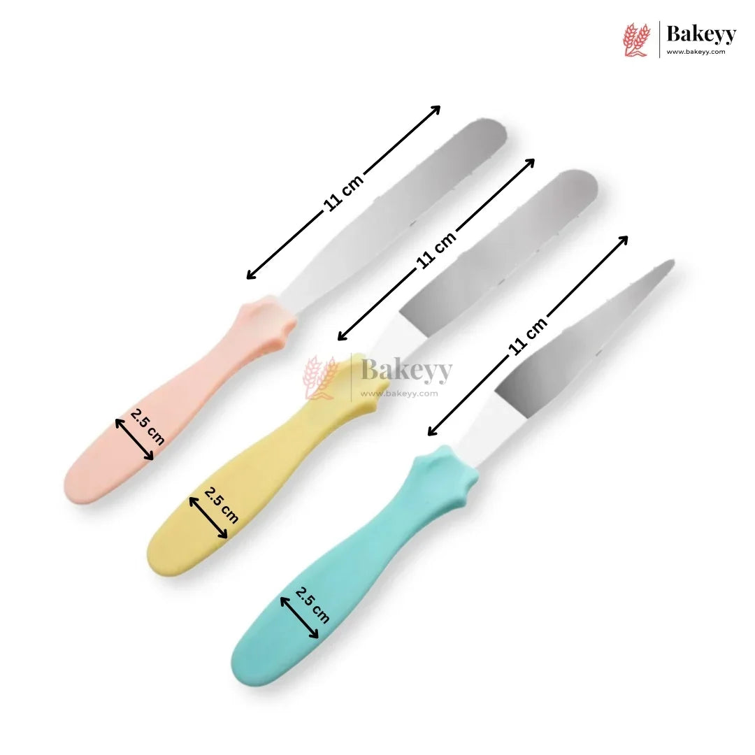 Three spatulas with pastel handles and measurements, branded 'Bakeyy'.