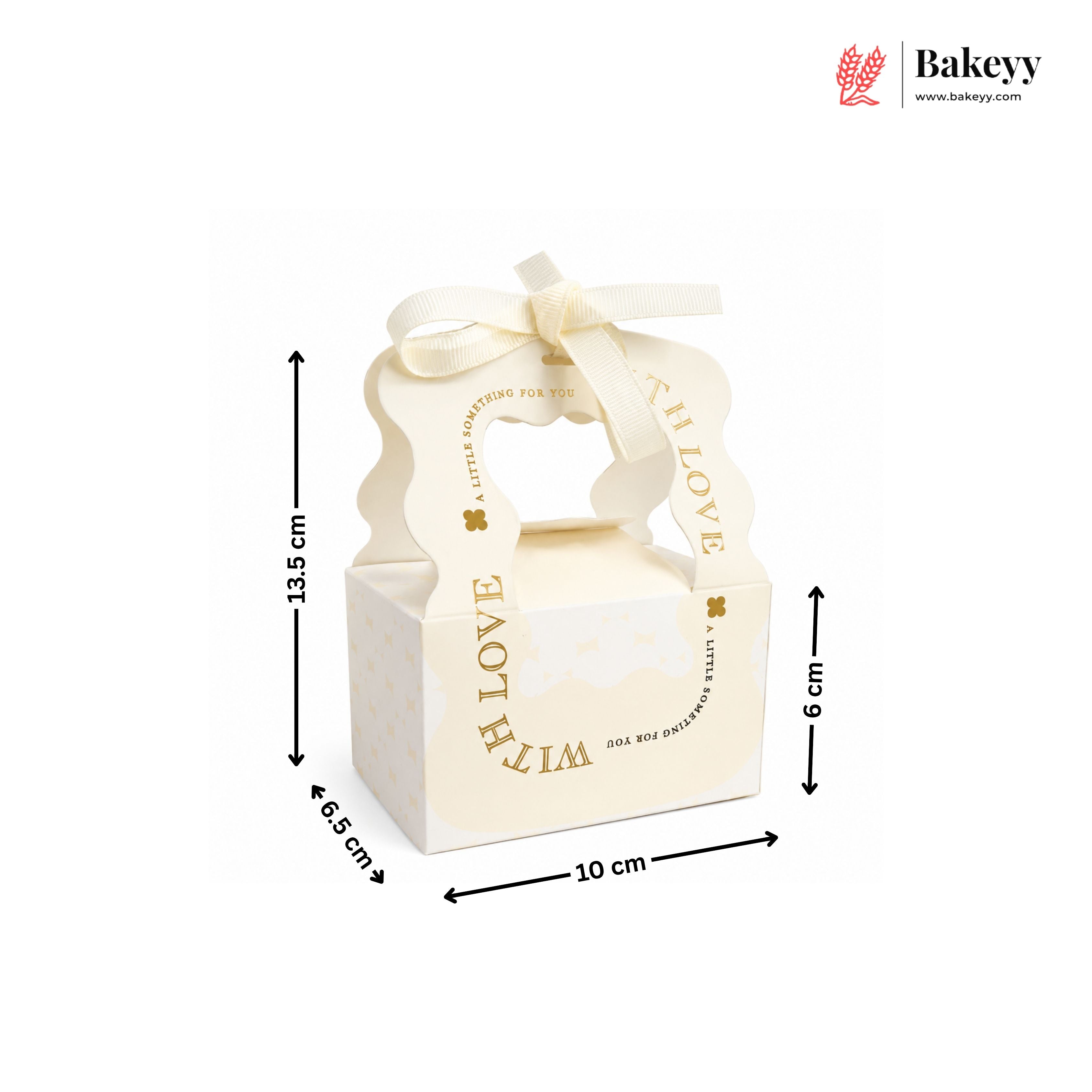 Candle in a decorative box with dimensions and Bakeyy branding