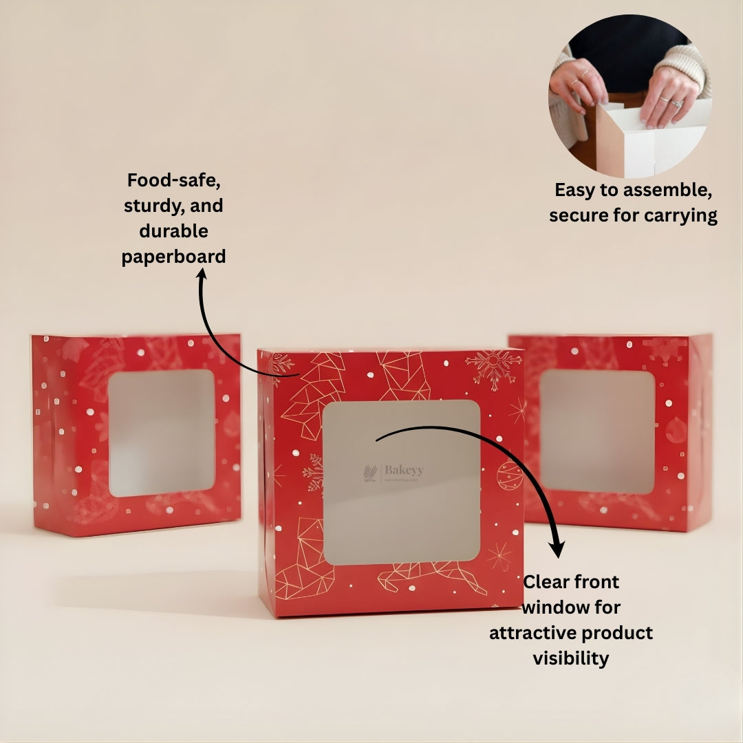 Red Pastry Box With Window | Christmas Pastry Box | Festive Bakery Packaging | Multi-Sizes | Pack of 25