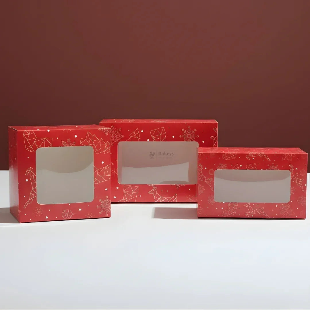 Red Pastry Box With Window | Christmas Pastry Box | Festive Bakery Packaging | Multi-Sizes | Pack of 25 - Bakeyy.com - India - Red Pastry Box With Window | Christmas Pastry Box | Festive Bakery Packaging | Multi-Sizes | Pack of 25 - Small 375.00