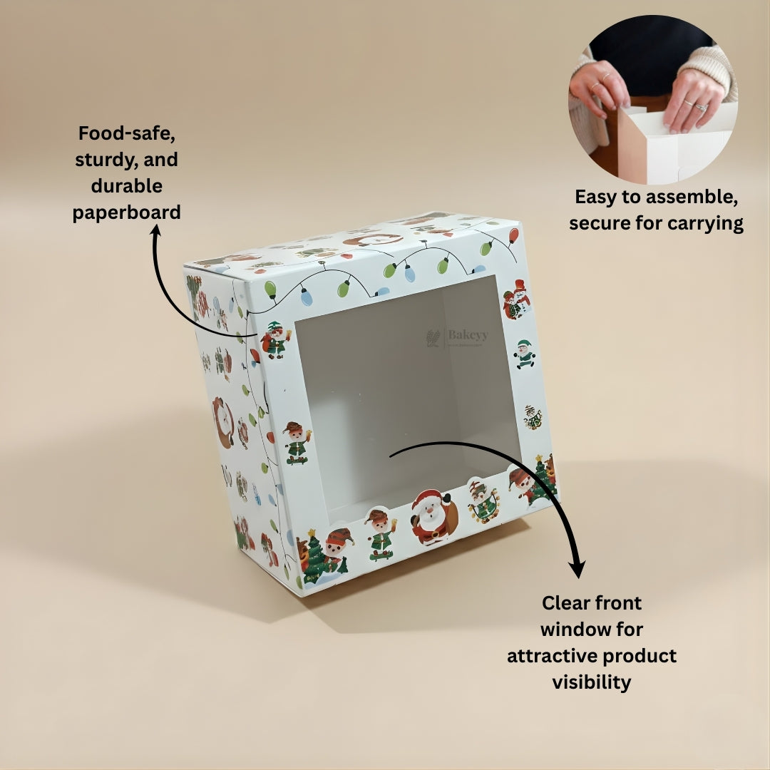 Santa Theme White Pastry Box | Christmas Pastry Box | Festive Bakery Packaging | Multi-Sizes | Pack of 25