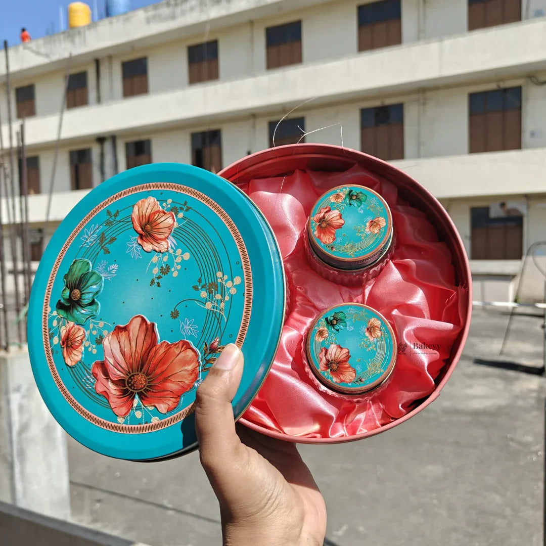 Peach & Aqua Floral Metal Tin Box with 3 Acrylic Jars | Pack of 1 - Bakeyy.com - India - Peach & Aqua Floral Metal Tin Box with 3 Acrylic Jars | Pack of 1 - Default Title 360.00
