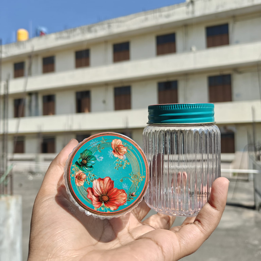 Peach & Aqua Floral Metal Tin Box with 3 Acrylic Jars | Pack of 1