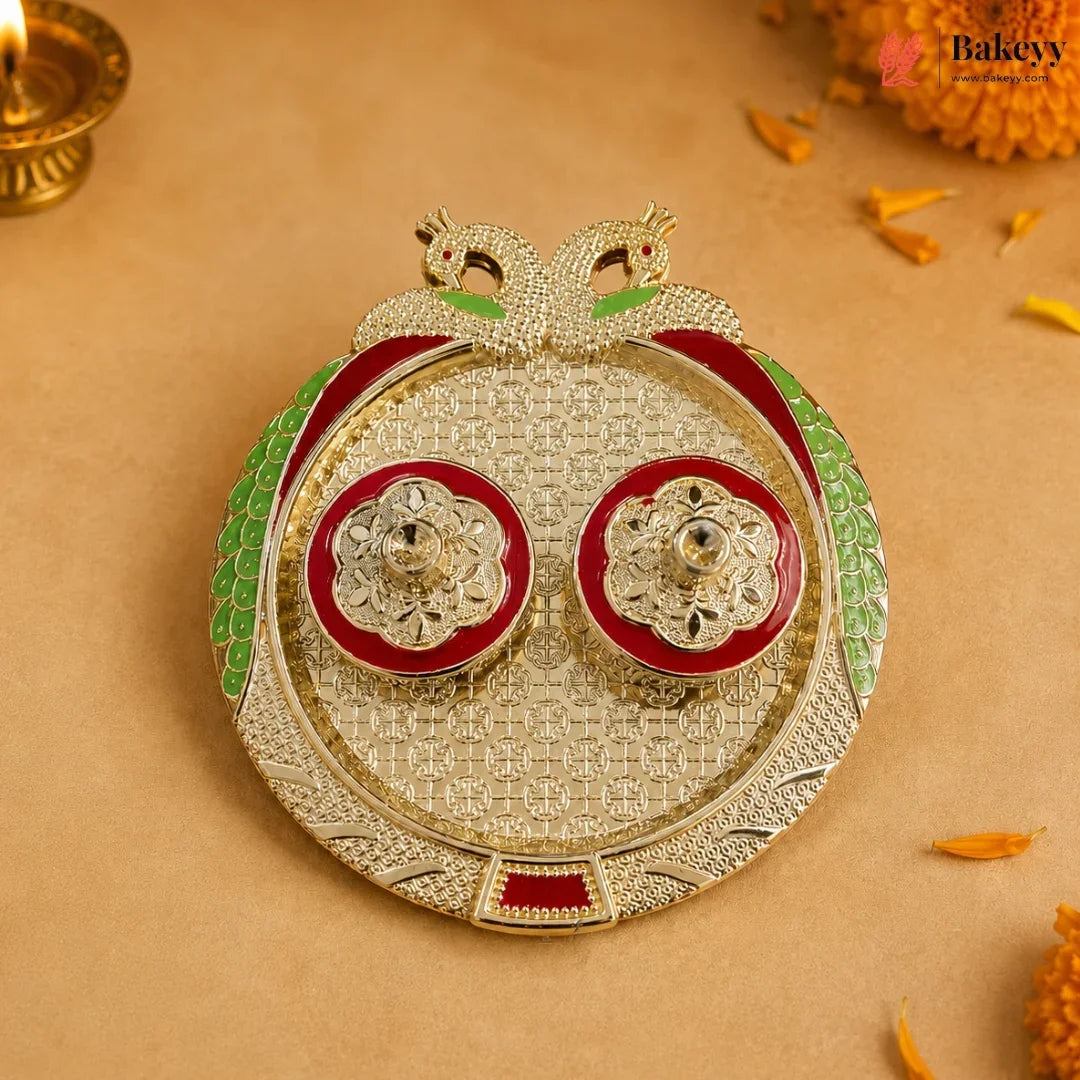 Decorative item with gold, red, and green colors on a beige background