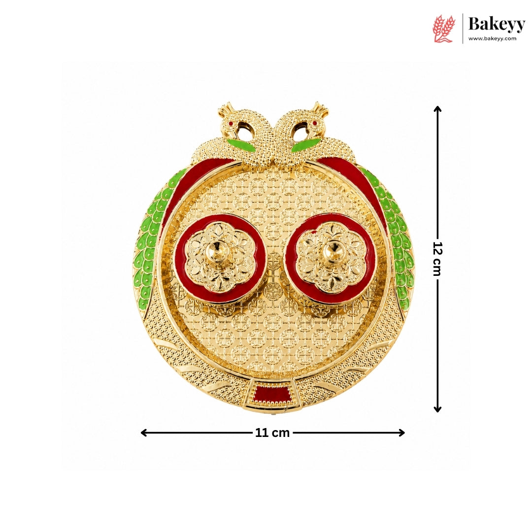 Gold and red decorative item with green accents, shown with dimensions on a white background.