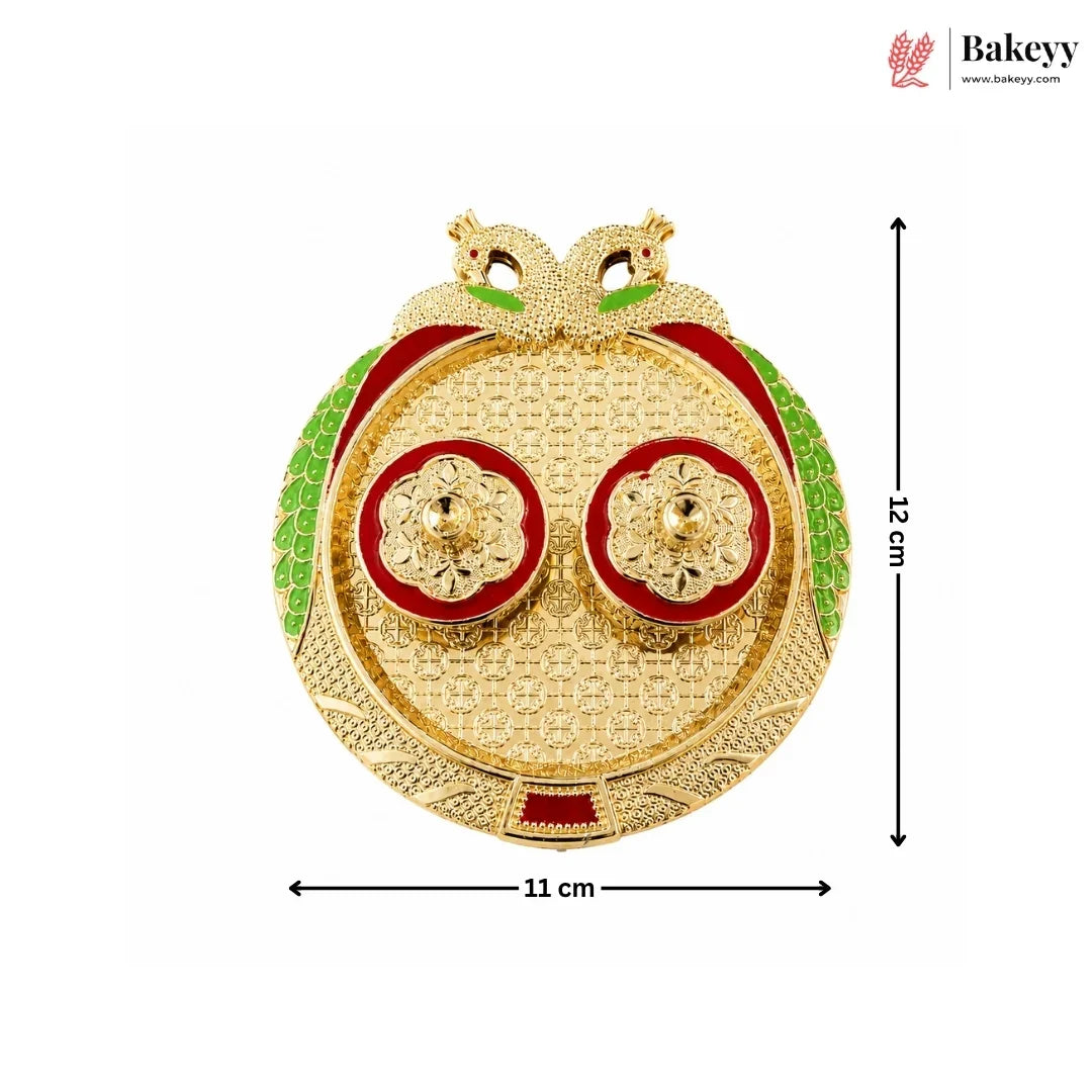 Gold and red decorative item with green accents, shown with dimensions on a white background.