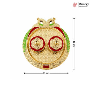 Gold and red decorative item with green accents, shown with dimensions on a white background.