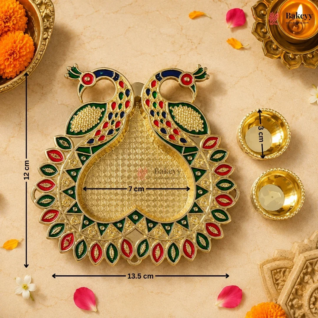 Decorative peacock-shaped tray with measurements on a beige background