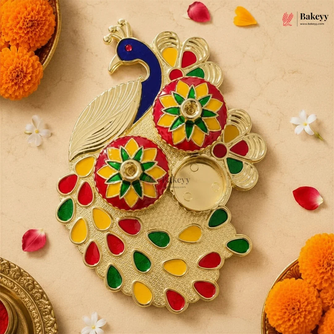 Decorative peacock-shaped item with colorful patterns on a beige background with flowers.