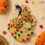 Decorative peacock-shaped item with colorful patterns on a beige background with flowers.