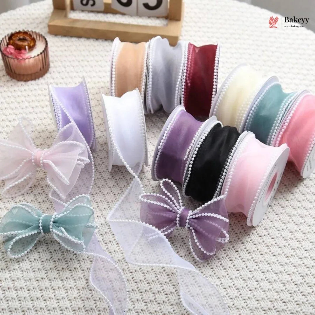 Pearl Edge Net Ribbon Roll | 2.5 cm x 9 Meter | Multiple Colors Available | Pack of 1