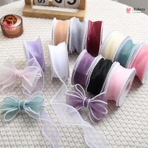 Pearl Edge Net Ribbon Roll | 2.5 cm x 9 Meter | Multiple Colors Available | Pack of 1