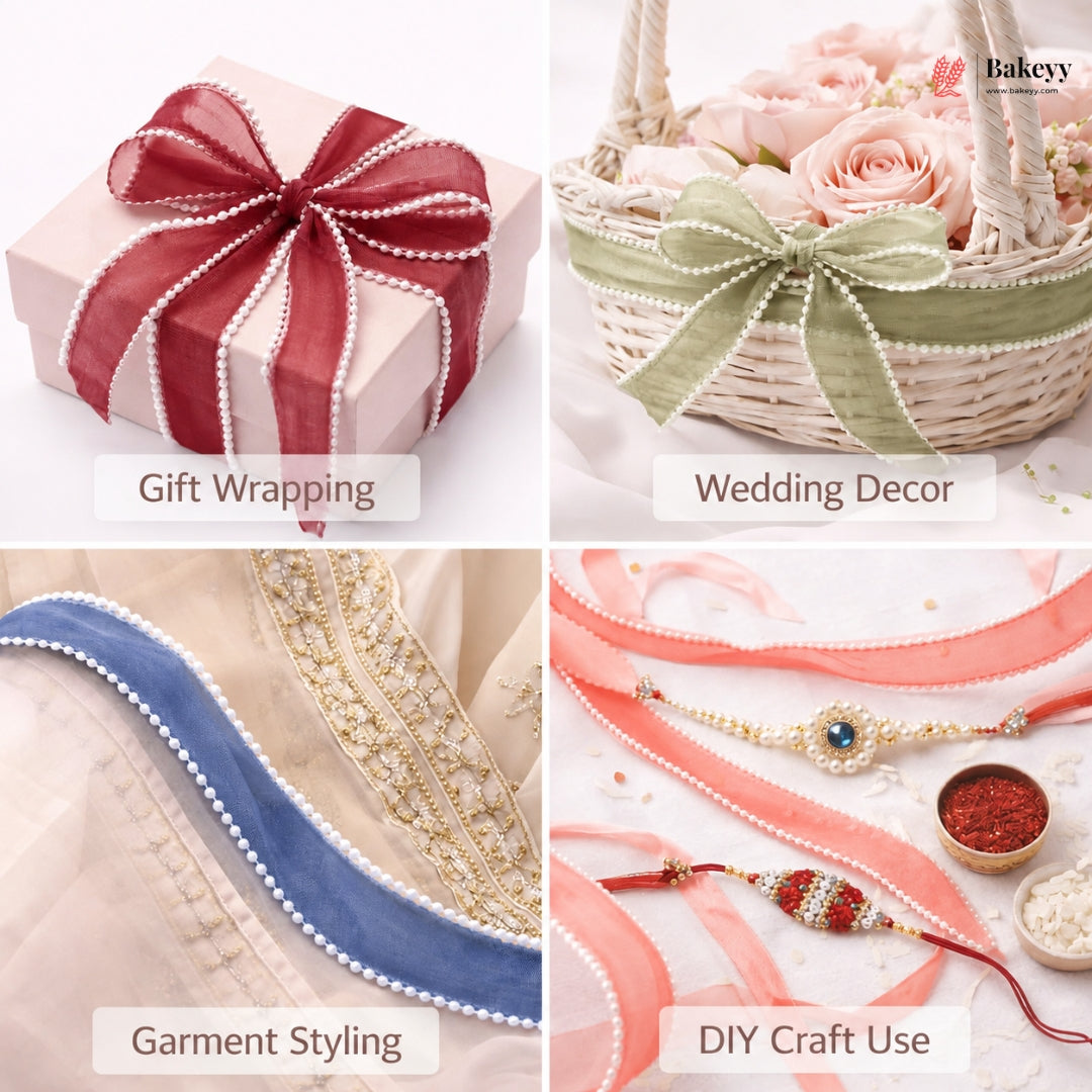 Pearl Edge Net Ribbon Roll | 2.5 cm x 9 Meter | Multiple Colors Available | Pack of 1