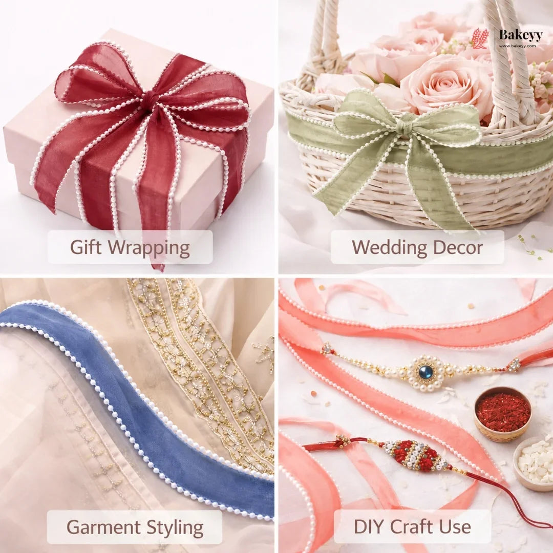 Pearl Edge Net Ribbon Roll | 2.5 cm x 9 Meter | Multiple Colors Available | Pack of 1