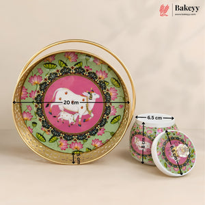 Ceramic decorative tray and matching small jars with a pink and green floral design, shown with overlaid dimensions (20 cm tray diameter, 6.5 cm jar height, 8 cm jar width, 6 cm jar depth) on a light beige background.