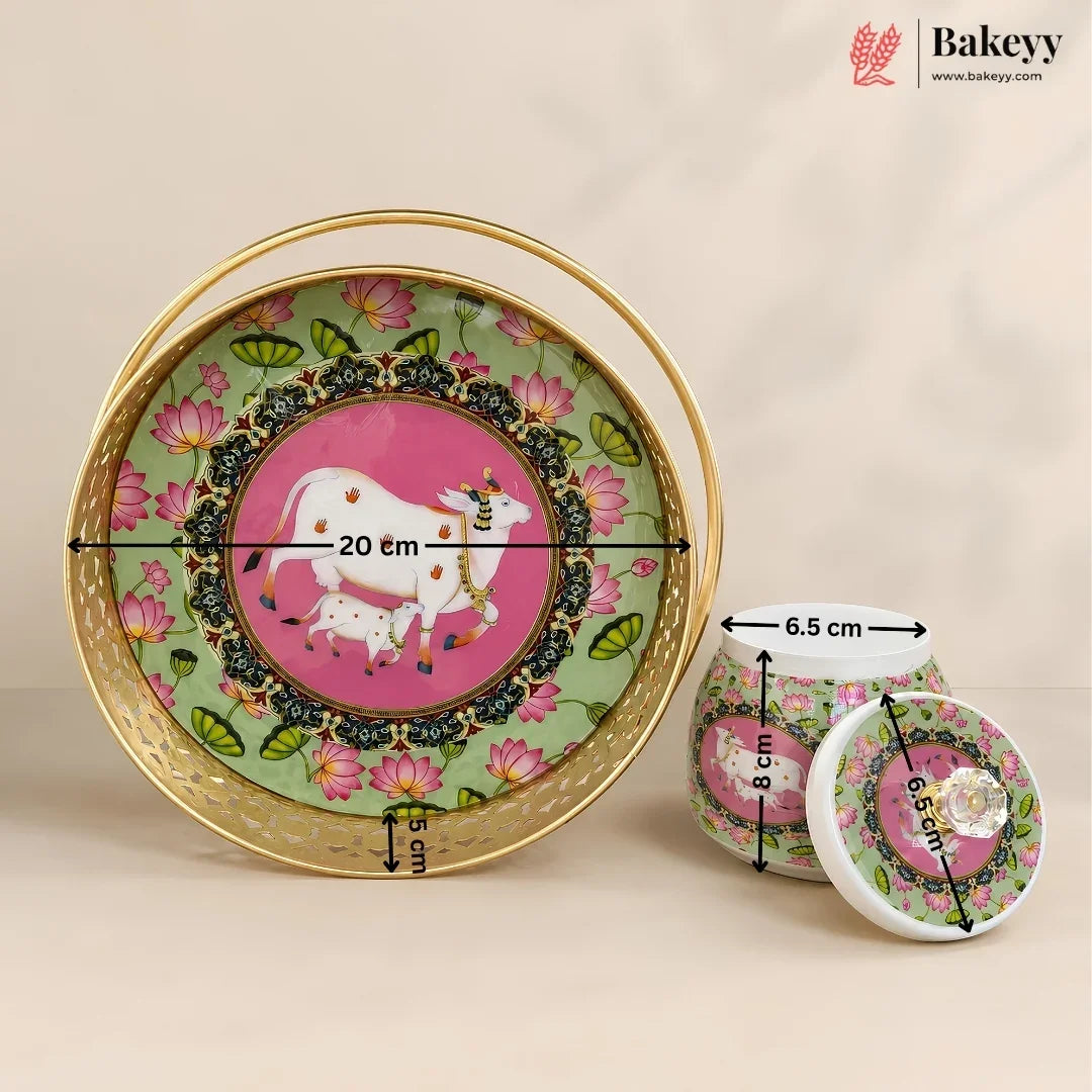 Ceramic decorative tray and matching small jars with a pink and green floral design, shown with overlaid dimensions (20 cm tray diameter, 6.5 cm jar height, 8 cm jar width, 6 cm jar depth) on a light beige background.