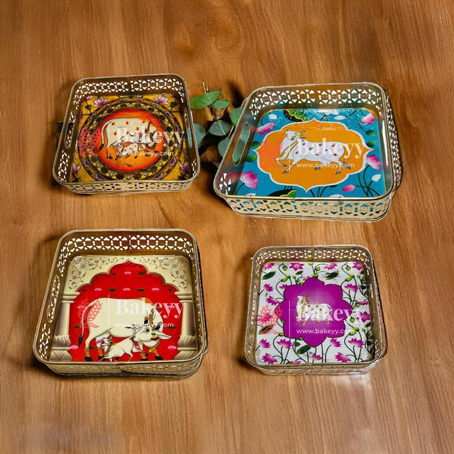 Pichwai Tray for Return Gifts |Square Metal Tray Home Decor Items | Decorative Tray for Diwali | (Multicolour) - Bakeyy.com - India - Pichwai Tray for Return Gifts |Square Metal Tray Home Decor Items | Decorative Tray for Diwali | (Multicolour) - Pack Of 1