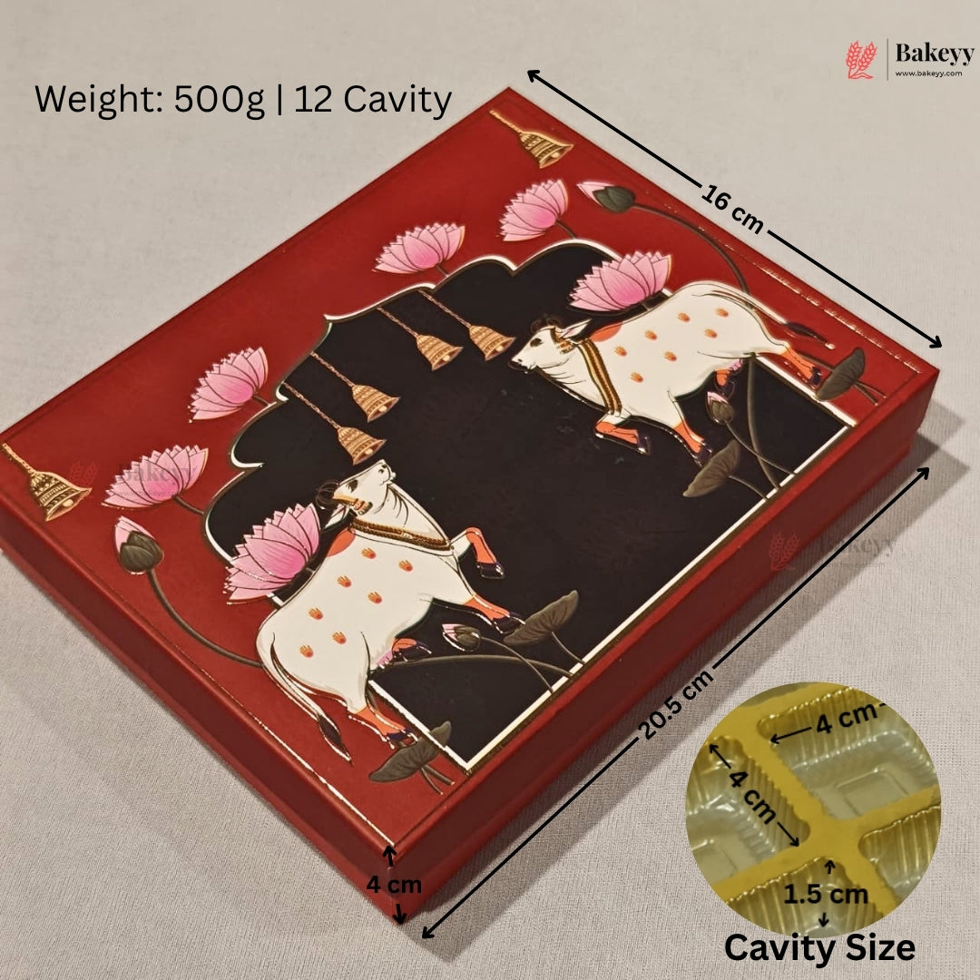 A red rectangular bakery box with decorative illustrations of white cows, pink lotus flowers, and a black central panel, shown with dimension arrows and text indicating 16 cm by 20.5 cm by 4 cm cavity size.