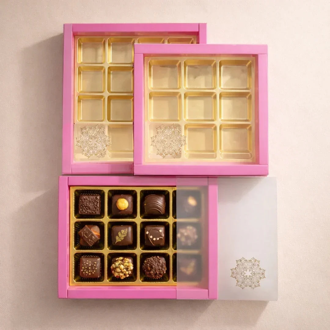 Pink Sliding Chocolate Box with Gold Cavity Premium Rigid Gift Box for Chocolates Pack of 10