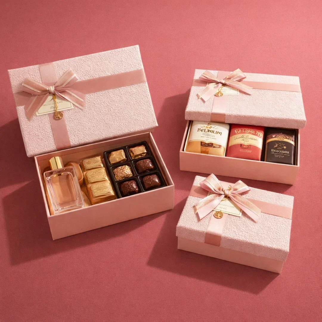 PinkTexturedLuxuryGiftBoxPremiumRigidHamperGiftBoxwithLid_Ribbon3SizesAvailablepackof1_1 - Bakeyy.com