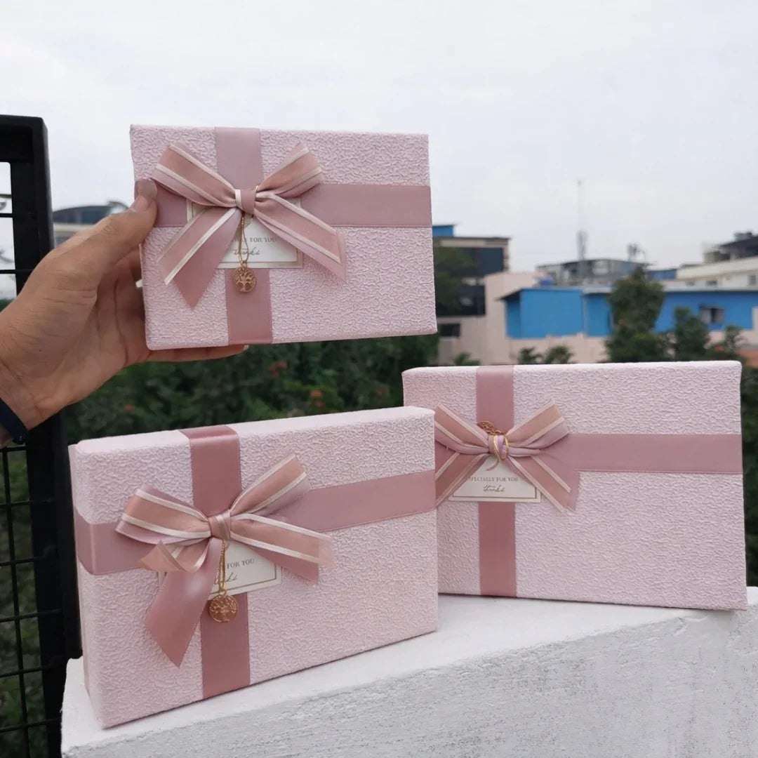 Pink Textured Luxury Gift Box | Premium Rigid Hamper Gift Box with Lid & Ribbon | 3 Sizes Available | pack of 1
