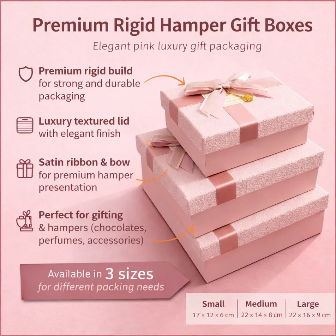 Pink Textured Luxury Gift Box | Premium Rigid Hamper Gift Box with Lid & Ribbon | 3 Sizes Available | pack of 1