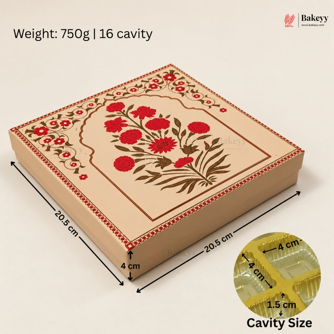 A decorative rectangular bakery box shown at an angle on a light beige background, with printed floral artwork in red and brown on a cream base. Black dimension arrows and text indicate measurements: 20.