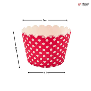 Red polka dot cupcake liner with measurements on a white background